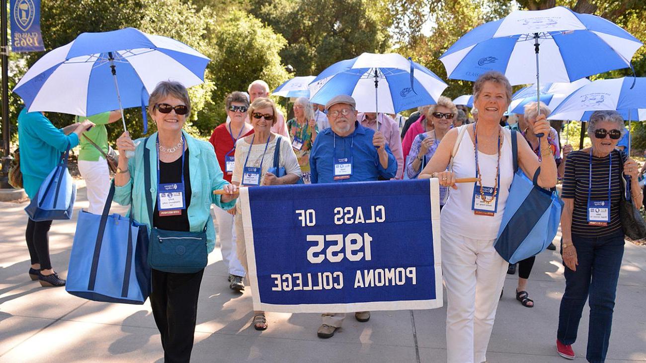 Class of 1955 marching in the parade of classes at Pomona College Alumni Weekend